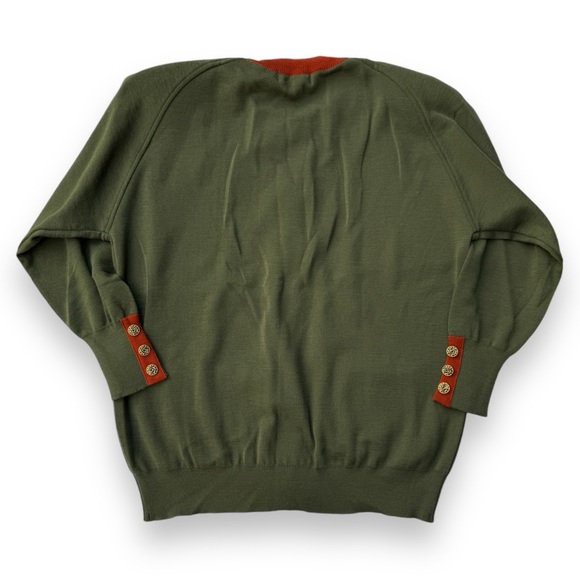 Olive Green Wool Knit Cardigan Contrast Hem Gold Buttons - Picture 2 of 11